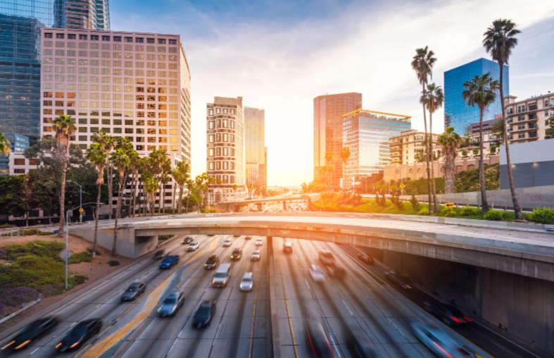 Downtown Los Angeles traffic at sunset